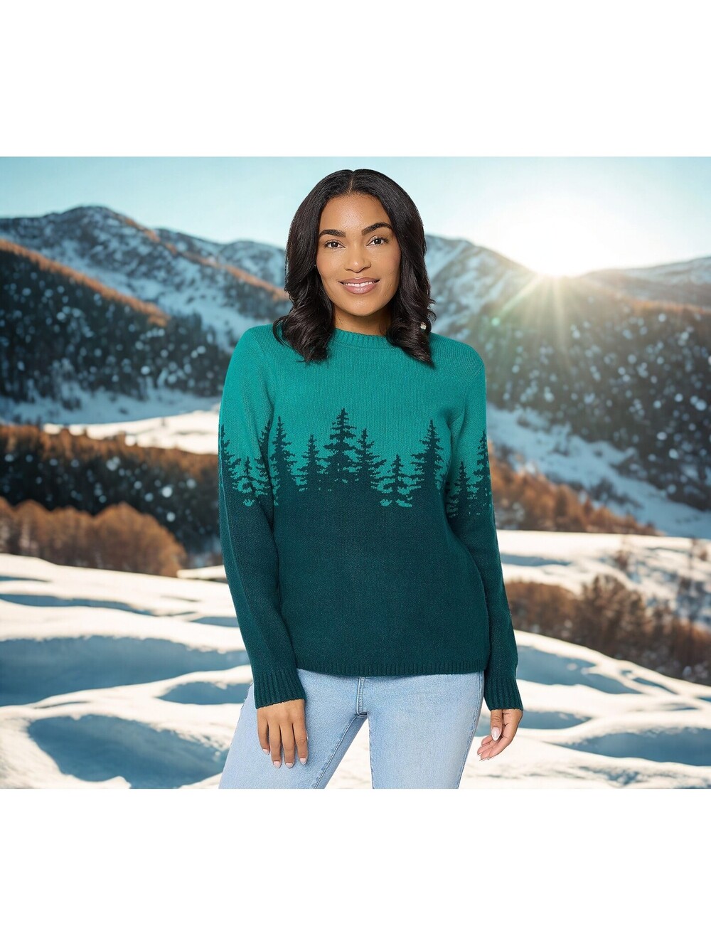 Denim & Co. Crewneck Long-Sleeve Scenic Sweater SIZE L